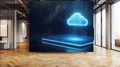 ethereal cloud computing concept glowing neon hologram projected from sleek tablet illuminating dark room with soft blue light Wall mural