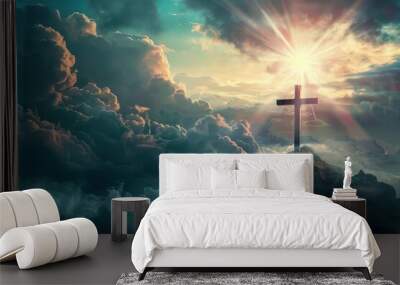 ethereal golgotha scene radiant holy cross dramatic sky divine light rays billowing clouds spiritual symbolism easter resurrection Wall mural