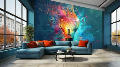 eureka moment of creative inspiration concept vibrant liquid paint merging into a glowing colorful lightbulb on dark teal background digital art Wall mural