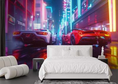 exhilarating joyride two sleek sports cars in a vibrant urban showdown 3d rendering Wall mural