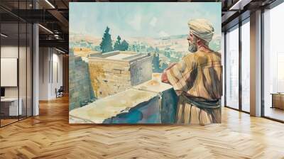 ezra overseeing the rebuilding of the temple in jerusalem old testament watercolor illustration bible story art Wall mural