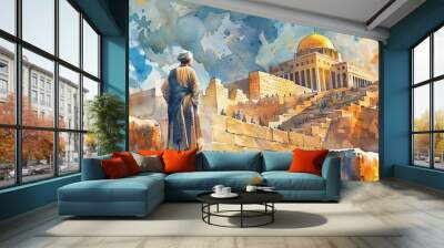 ezra overseeing the rebuilding of the temple in jerusalem old testament watercolor illustration bible story art Wall mural