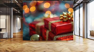 festive red and gold wrapped presents on blurred holiday background seasonal marketing and advertising concept Wall mural