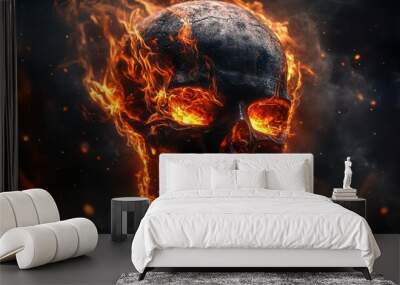 fierce flaming skull with glowing eye sockets intricate flame patterns swirling around jawbone dark background with embers floating intense otherworldly aura Wall mural