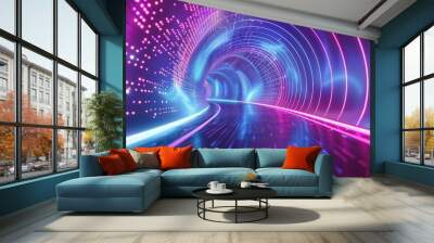 futuristic 3d neon tunnel with glowing lines and floating particles abstract technology background illustration Wall mural