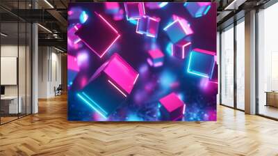 futuristic abstract 3d render of floating neon cubes in dark space digital art Wall mural