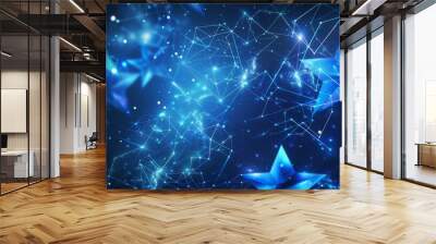 futuristic abstract background with interconnected blue stars forming a low poly wireframe structure 3d digital illustration Wall mural