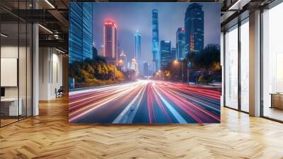 futuristic cityscape at night gleaming skyscrapers towering above lightstreaked streets long exposure captures dynamic energy of urban traffic flow Wall mural