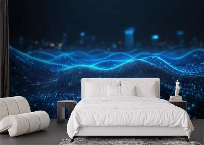 futuristic digital landscape with glowing blue network connections abstract representation of cybersecurity with flowing data streams and holographic interfaces Wall mural