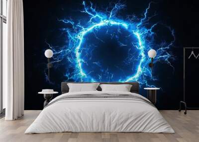 futuristic glowing blue hologram circles with lightning plasma portal isolated on black digital abstract background Wall mural