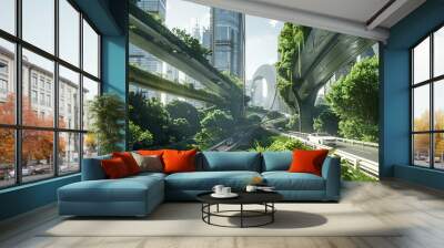 futuristic green sustainable highway in a modern city with skyscrapers and lush vegetation 3d rendering Wall mural