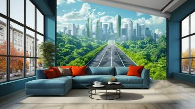 futuristic green sustainable highway stretching towards a modern city skyline vibrant 3d illustration background Wall mural