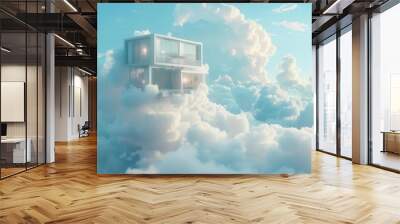 futuristic house shape floating in clouds against blue sky surreal dream home concept digital art Wall mural