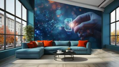 Futuristic image of person's hand holding glowing digital key, unlocking advanced technology and innovation Wall mural