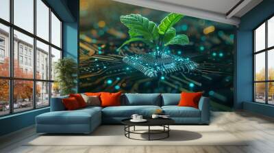 Futuristic tech plant growing from circuit board representing innovation and progress Wall mural