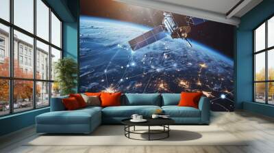 futuristic telecom communication satellite orbiting earth with holographic data for global connectivity Wall mural