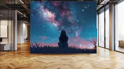 girl gazing at starry night sky with glowing galaxy concept of hope and peace digital art Wall mural