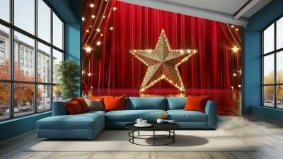 glamorous golden star award on shimmering red curtain stage 3d illustration Wall mural