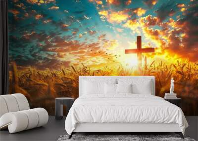 glowing christian cross in a golden wheat field at magical sunset symbol of faith and hope digital illustration Wall mural