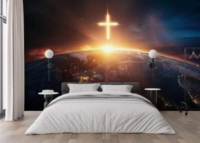 glowing cross rising above earth globe global christian mission concept digital illustration Wall mural