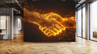 Glowing wireframe hands in digital handshake symbolizing trust and partnership Wall mural