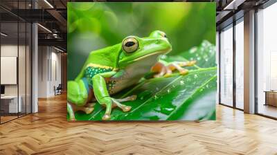 green flying tree frog perched on leaf vibrant nature closeup Wall mural