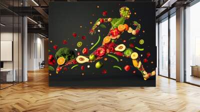 healthy eating concept running man made of fruits and vegetables on black nutrition and lifestyle illustration Wall mural