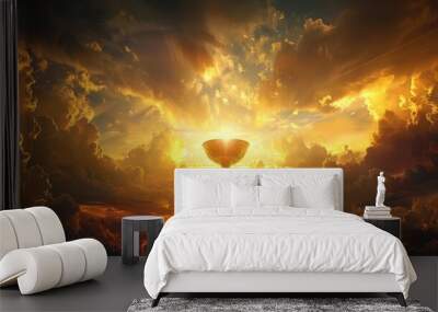 heavenly eucharist with sacred chalice and host in sky religious digital painting Wall mural