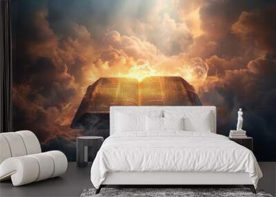 holy bible with glowing light in clouds way to salvation and gods word concept digital illustration Wall mural