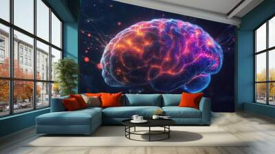 hyperrealistic 3d rendering of human brain intricate neural network visible with pulsing synapses and vibrant colors representing different cognitive functions set against dark background Wall mural