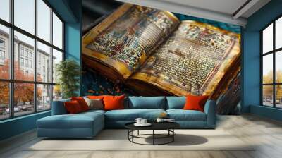 illuminated ancient hindu religious book with intricate illustrations and sanskrit text spiritual wisdom digital painting Wall mural