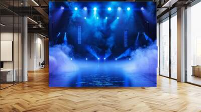 illuminated stage with blue lights and smoke on black background concert theater performance show event concept realistic 3d illustration Wall mural