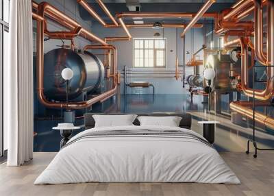 industrial boiler room with copper pipes modern heating system equipment 3d illustration Wall mural