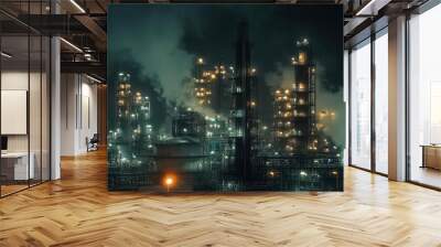 industrial refinery with intricate network of pipelines towers and processing units dramatic night scene with glowing lights and steam symbol of energy production and petrochemical industry Wall mural