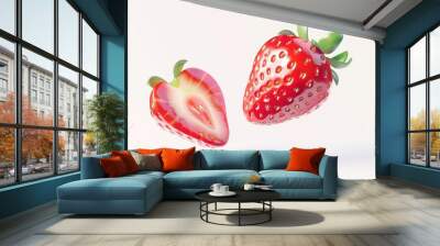 isolated fresh strawberry with green leaf and slice floating on white background concept food illustration 7 Wall mural