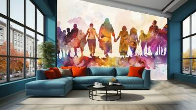 jesus christ holding hands with diverse group of people digital watercolor painting Wall mural