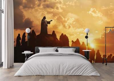 jesus christ preaching to the crowd on a mountaintop spiritual silhouette art Wall mural