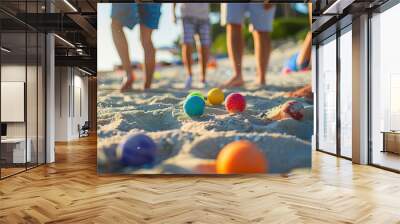 joyful people playing boules on sand with colorful balls summer holiday activity Wall mural