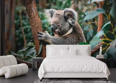 koala bear sitting on tree branch eating eucalyptus leaves 4k wildlife wallpaper Wall mural