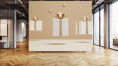 levitating white gift boxes with elegant golden ribbon bows floating on beige background abstract commercial concept Wall mural