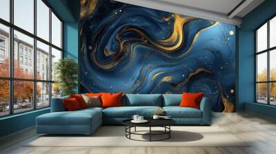 luxurious abstract texture blending deep blue and shimmering gold swirling patterns reminiscent of precious stones with light dancing across the surface Wall mural