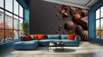 luxurious dark chocolate background with assorted gourmet pralines 3d illustration Wall mural