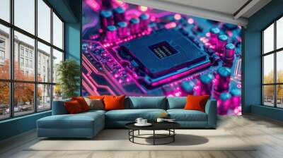 macro image of computer processor with neon led lights hightech hardware concept Wall mural