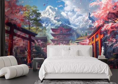 majestic japanese temple surrounded by cherry blossom trees and vibrant red torii gates fantasy art illustration Wall mural