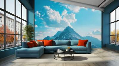 majestic mountain peak at sunrise clouds floating above serene blue sky travel background Wall mural