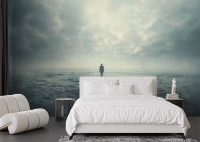 man walking alone in vast empty void surreal loneliness concept illustration Wall mural