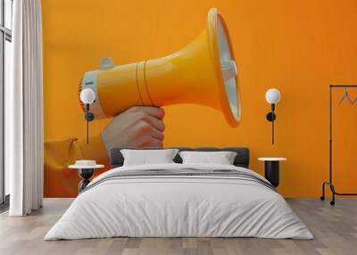 Megaphone in hand on orange background, marketing and sales concept, 3D illustration Wall mural