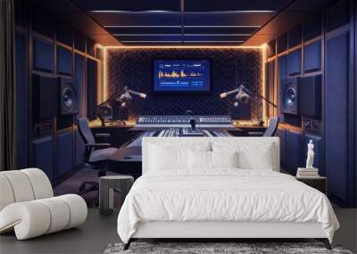 modern podcast studio with sleek microphones soundabsorbing panels ambient lighting mixing console headphones and digital displays futuristic tech vibe Wall mural