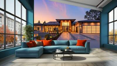 modern ranch house exterior design golden hour daytime architecture photo Wall mural