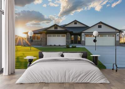 modern suburban dream home with expansive threecar garage manicured lawn bathed in warm sunlight backdrop of azure sky dotted with fluffy clouds Wall mural